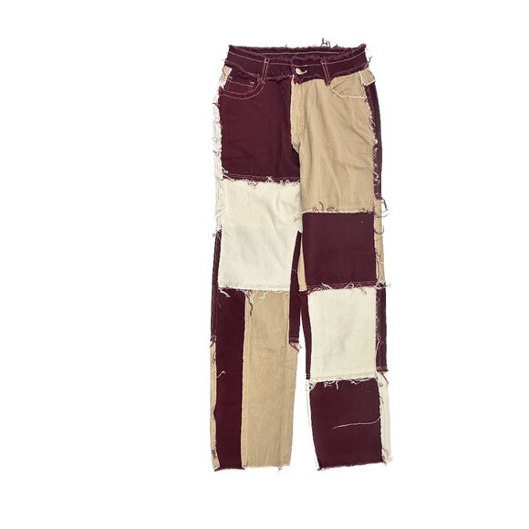 Unbranded Baggy Panels Distressed Raw Hem Women's size M Red Beige Cream Jeans - Picture 1 of 4